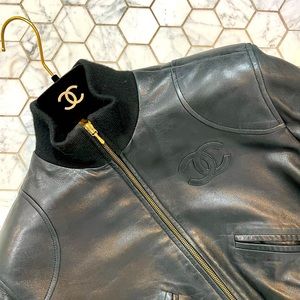 Chanel Vintage CC Logo Black Leather Bomber Jacket RARE 1990’s